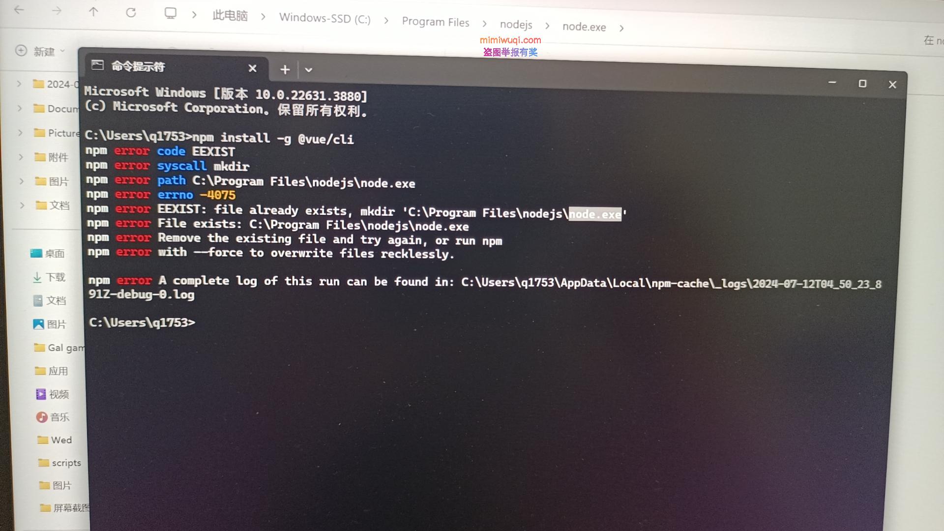 记一次vue/cli安装报错errno -4075和error -4048 1