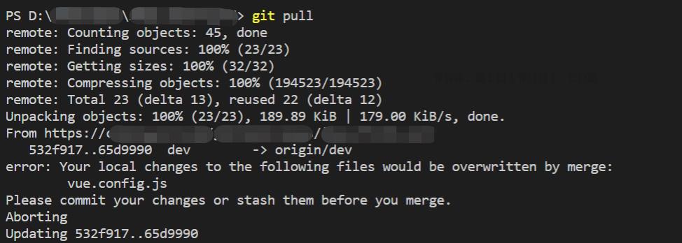 如何解决git冲突:Your local changes to the following files would be overwritten by merge: vue.config.js 1 如何解决git冲突:Your local changes to the following files would be overwritten by merge: vue.config.js 1